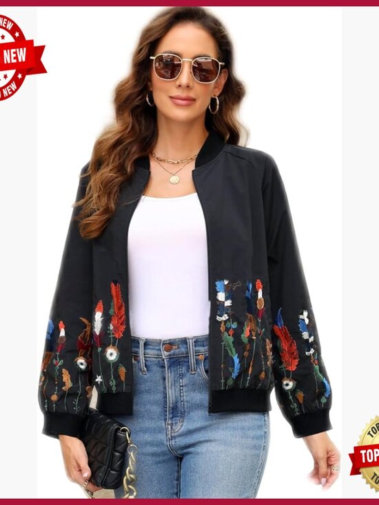Jackets & Blazers - Embroidered Zip Up Jacket with Pockets, Stand Collar, Long Sleeve, Polyester